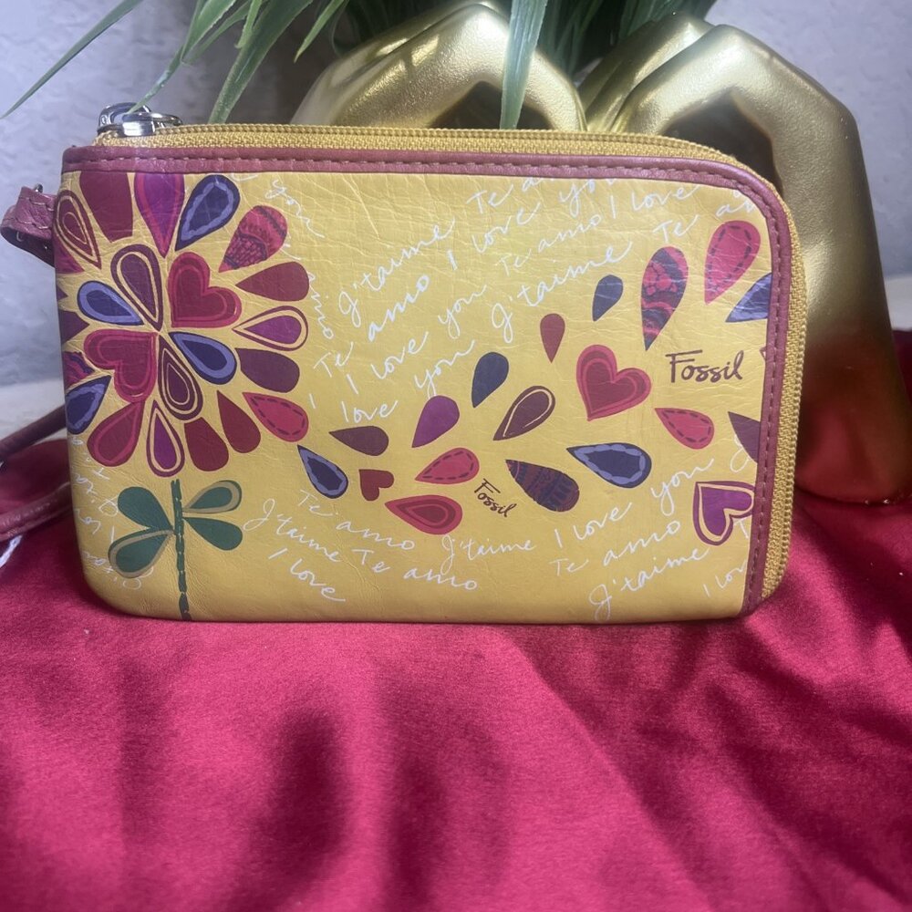 Fossil Zip Around Yellow With Hearts Wallet Wristlet Clutch Bohemian Style